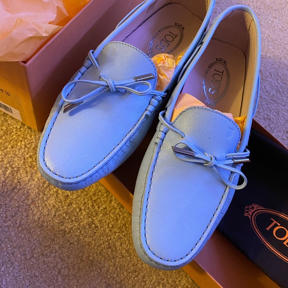 Women’s light blue pebble leather loafers